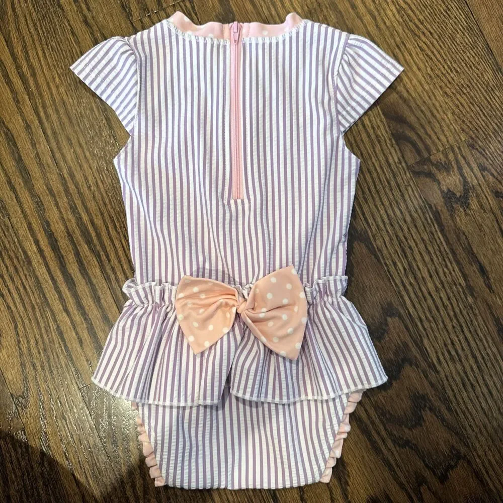 EUC Girls RuffleButts Bathing‎ Suit Purple Stripe With Pink Bow Sz 12-18 Months
